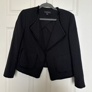 Ann Taylor Open Front Cropped Tweed Fringe Blazer Jacket Pockets Black